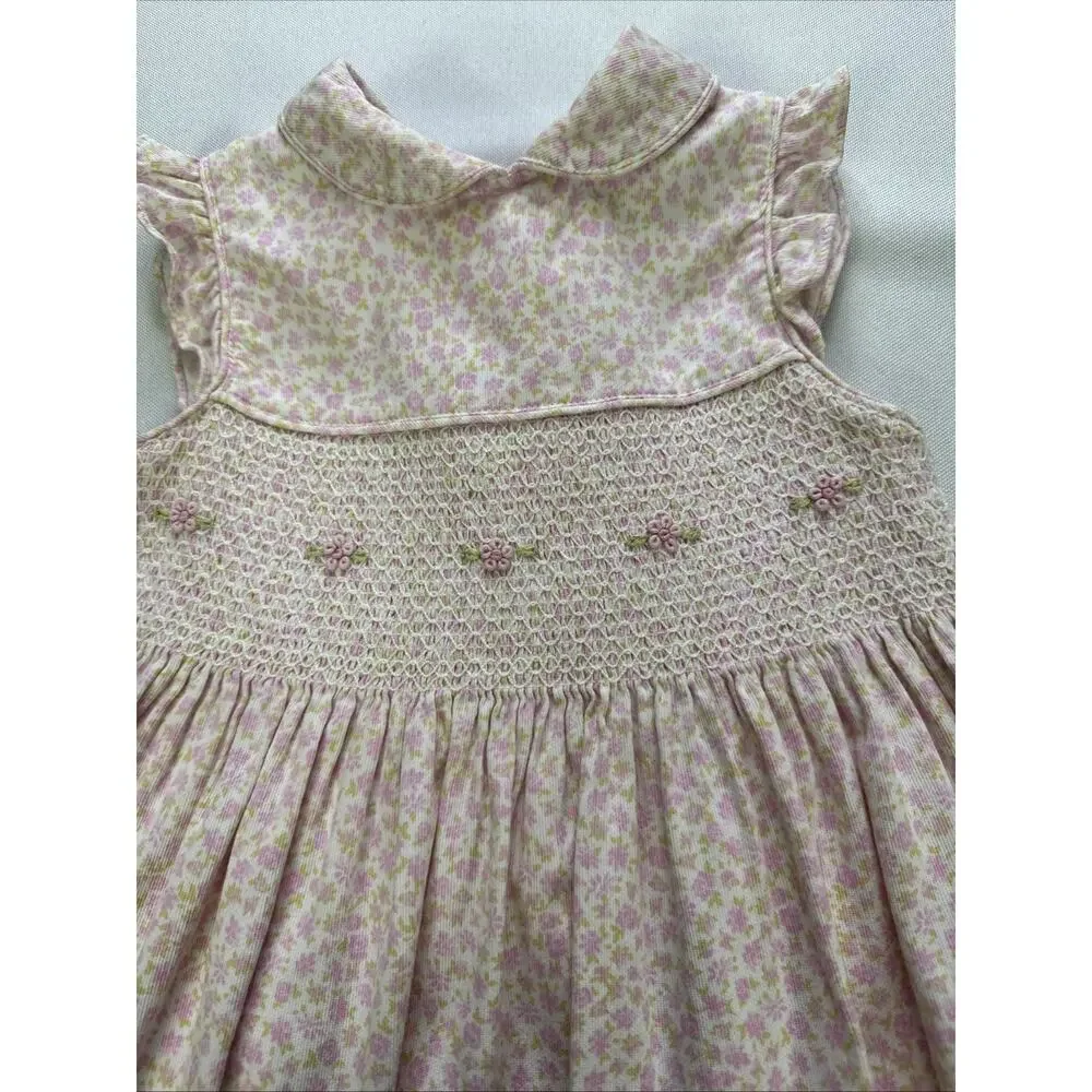 Vintage Laura Ashley Girls 5 Pink Floral Smocked Dress Peter Pan Collar Cotton